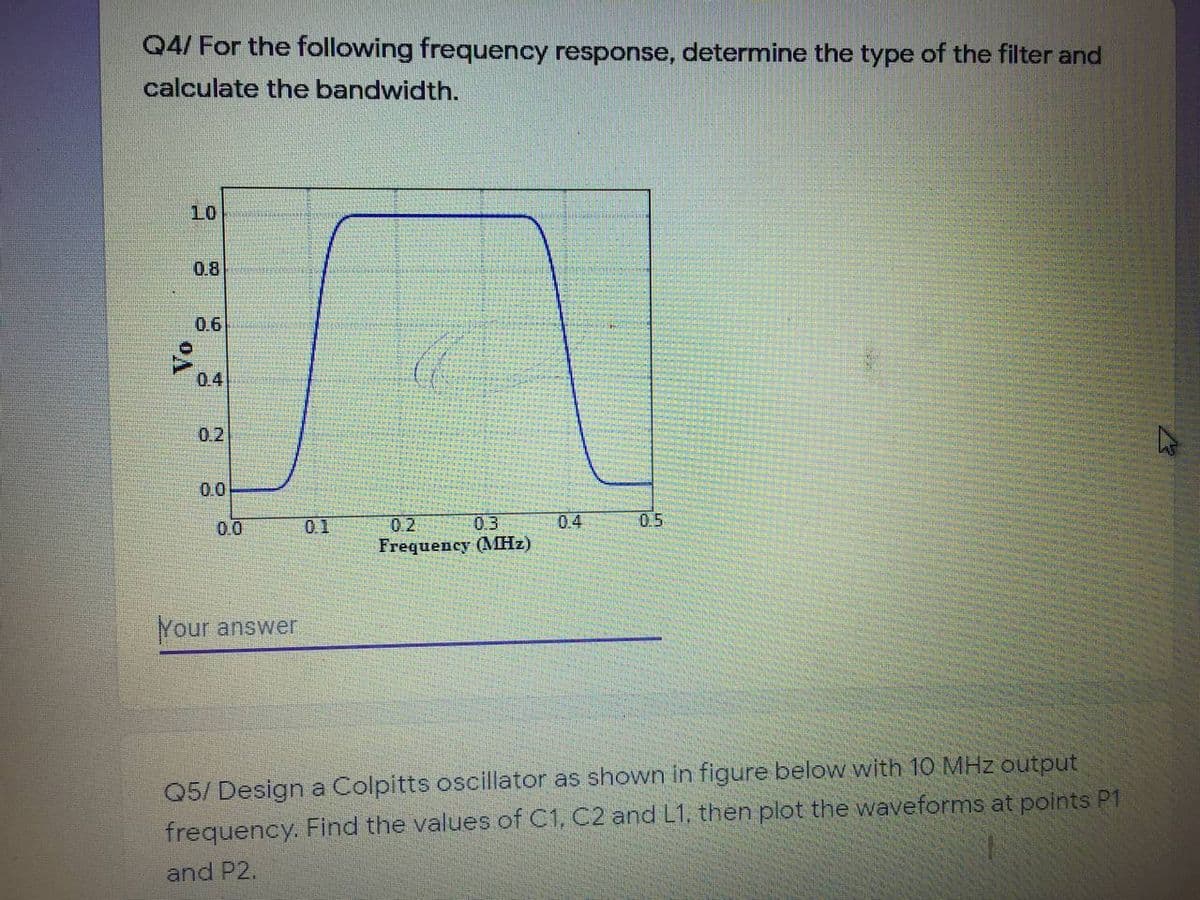 Q4/ For the following frequency response, determine the type of the filter and
calculate the bandwidth.
10
0.8
0.6
0.4
0.2
0.0
0.4
0.5
0.2
Frequency (MНг)
0.0
0.1
0.3
Your answer
Q5/ Design a Colpitts oscillator as shown in figure below with 10 MHz output
frequency. Find the values of C1, C2 and L1, then plot the waveforms at points P1
and P2.
vo
