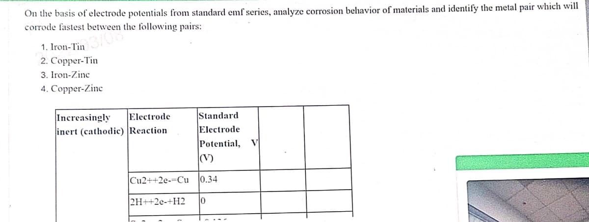 On the basis of electrode potentials from standard emf series, analyze corrosion behavior of materials and identify the metal pair which will
corrode fastest between the following pairs:
1. Iron-Tin
3/08
2. Copper-Tin
3. Iron-Zinc
4. Copper-Zinc
Increasingly
inert (cathodic) Reaction
Electrode
Standard
Electrode
Potential, V
(V)
Cu2++2e-=Cu
0.34
2H++2e-+H2
10
