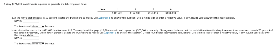 A risky $375,000 investment is expected to generate the following cash flows:
Year
$141,400
$167,100
$152,414
$133,100
a. If the firm's cost of capital is 10 percent, should the investment be made? Use Appendix B to answer the question. Use a minus sign to enter a negative value, if any. Round your answer to the nearest dollar.
NPV: $
The investment should be made.
b. An alternative use for the $375,000 is a four-year U.S. Treasury bond that pays $22,500 annually and repays the $375,000 at maturity. Management believes that the cash inflows from the risky investment are equivalent to only 75 percent of
the certain investment, which pays 6 percent. Should the investment be made? Use Appendix B to answer the question. Do not round other intermediate calculations. Use a minus sign to enter a negative value, if any. Round your answer to
the nearest dollar.
NPV: $
The investment should not be made.