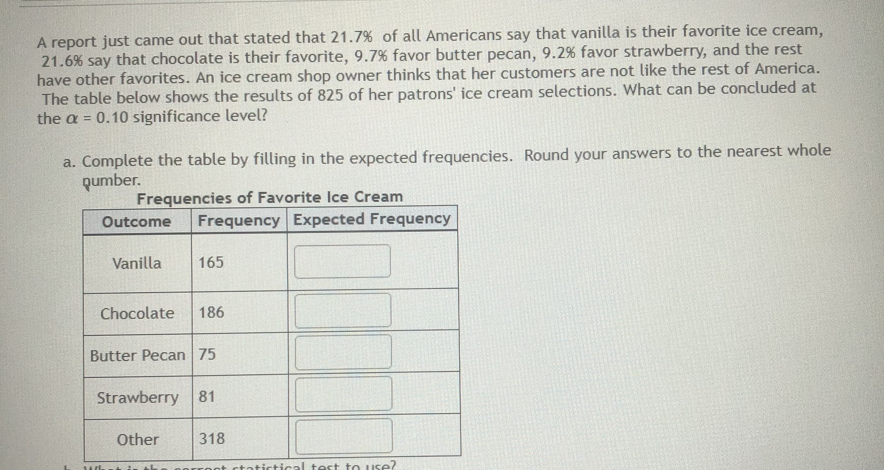 A report just came out that stated that 21.7% of all Americans say that
21.6% say that chocolate is their favorite, 9.7% favor butter pecan, 9.2% favor strawberry, and the rest
have other favorites. An ice cream shop owner thinks that her customers are not like the rest of America.
The table below shows the results of 825 of her patrons' ice cream selections. What can be concluded at
the a = 0.10 significance level?
