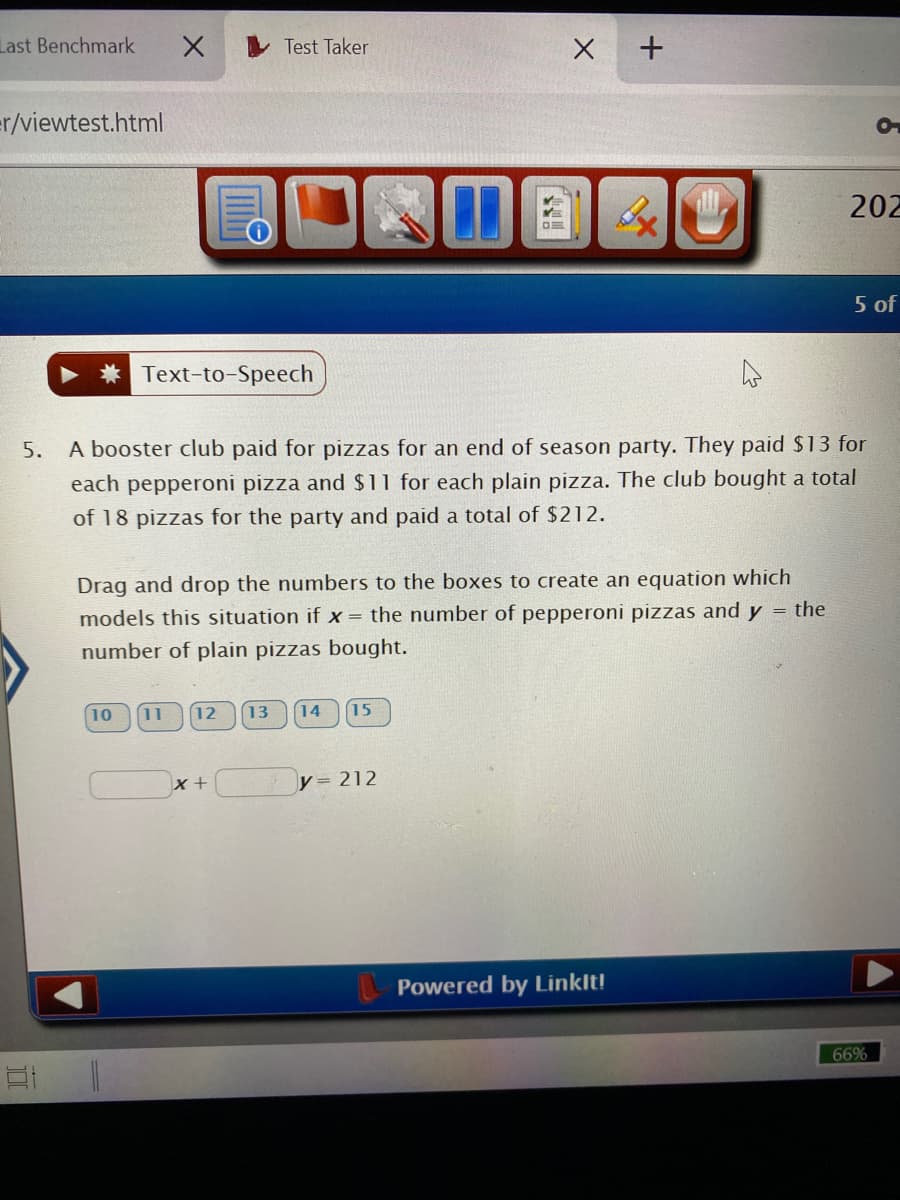 ### Problem Analysis and Equation Formation

**Scenario Description:**

A booster club purchased pizzas for an end-of-season party. They incurred the following costs:
- $13 per pepperoni pizza
- $11 per plain pizza 

The total number of pizzas bought was 18, and the total expenditure was $212.

**Task:**

Form an equation that models the situation described above. Let:
- \( x \) represent the number of pepperoni pizzas
- \( y \) represent the number of plain pizzas

**Step-by-Step Solution:**

1. **Identify the costs:**
   - Cost of one pepperoni pizza (\( x \)) = $13
   - Cost of one plain pizza (\( y \)) = $11

2. **Set up the equation:**
   - The number of pepperoni pizzas (\( x \)) multiplied by its unit price ($13) plus the number of plain pizzas (\( y \)) multiplied by its unit price ($11) should equal the total amount spent ($212).

The equation to model this scenario is:
\[ 13x + 11y = 212 \]

**Drag and Drop Instructions:**
Drag and drop the appropriate numbers into the boxes to create the correct equation.

\[ \_\_\_\_ x + \_\_\_\_ y = 212 \]

**Options Available for Drag and Drop:**
- 10
- 11
- 12
- 13
- 14
- 15

***Correct Solution:***
\[ 13x + 11y = 212 \]

**Graphical Description:**
There are no graphs or diagrams in the given text. The instructions revolve around creating an equation to model a given real-world problem regarding the purchase of pizzas.

**Educational Notes:**
This problem helps students apply algebraic thinking to form and solve equations based on real-life scenarios, reinforcing the concepts of linear equations and cost analysis.