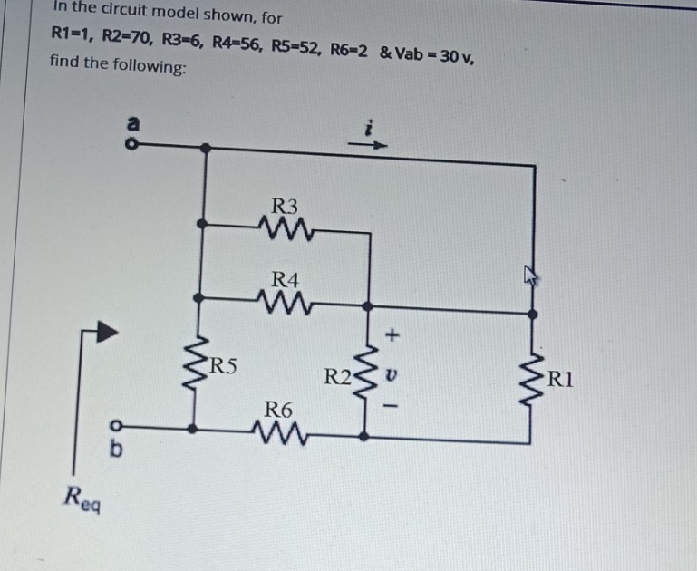 In the circuit model shown, for
R1-1, R2=70, R3-6, R4-56, R5-52, R6-2 & Vab = 30 v,
find the following:
R3
R4
R5
R2
R1
3
R6
b.
Rea
