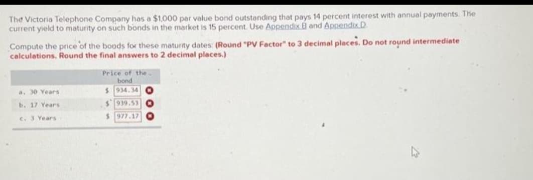 The Victoria Telephone Company has a $1,000 par value bond outstanding that pays 14 percent interest with annual payments. The
current yield to maturity on such bonds in the market is 15 percent. Use Appendix B and Appendix D
Compute the price of the boods for these maturity dates: (Round "PV Factor" to 3 decimal places. Do not round intermediate
calculations. Round the final answers to 2 decimal places.)
a. 30 Years.
b. 17 Years.
c. 3 Years
Price of the...
bond
$934.34
$939.53 O
$ 977.17