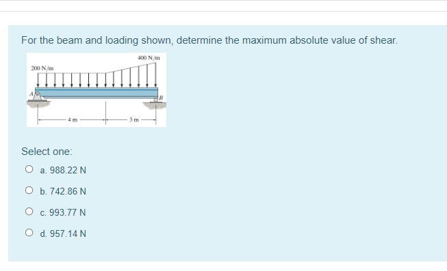 For the beam and loading shown, determine the maximum absolute value of shear.
400 N/m
200 N/m
3m
Select one:
O a. 988.22 N
Оь 742.86 N
O c. 993.77 N
O d. 957.14 N
