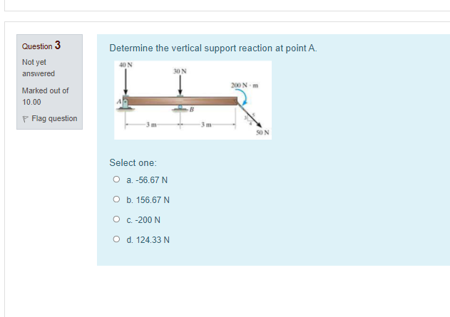 Question 3
Determine the vertical support reaction at point A.
Not yet
40 N
answered
30 N
200 N m
Marked out of
10.00
P Flag question
3m
50 N
Select one:
O a. -56.67 N
O b. 156.67 N
O C.-200 N
O d. 124.33 N
