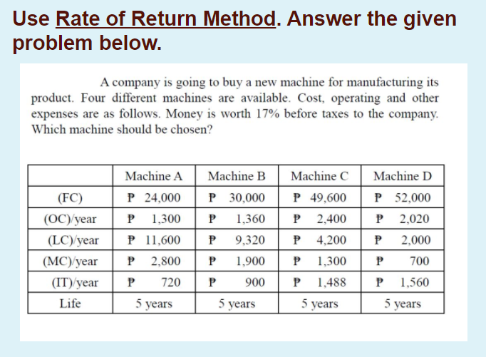 Use Rate of Return Method. Answer the given
problem below.
A company is going to buy a new machine for manufacturing its
product. Four different machines are available. Cost, operating and other
expenses are as follows. Money is worth 17% before taxes to the company.
Which machine should be chosen?
Machine A
Machine B
Machine C
Machine D
(FC)
P 24,000
P 30,000
P 49,600
P 52,000
(OC)'year
P 1,300
1,360
P 2,020
P
P
2,400
P 11,600
P 2,800
(LC)/year
P
9,320
P
4,200
P 2,000
(МC) year
1,900
1,300
700
(IT) уear
P
720
900
1,488
1,560
Life
5 years
5 years
5 years
5 years
