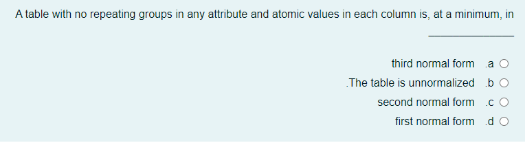 A table with no repeating groups in any attribute and atomic values in each column is, at a minimum, in
third normal form a
The table is unnormalized b
second normal form
.c O
first normal form d o
