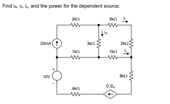 Find iw, ix, iy, and the power for the dependent source.
3ΚΩ
W
20mA( 1
10V
Μ
2ΚΩ
1ΚΩ
4ΚΩ
Μ
3ΚΩ
iw
1ΚΩ
0.5iw
2ΚΩ.
8ΚΩ
Μ