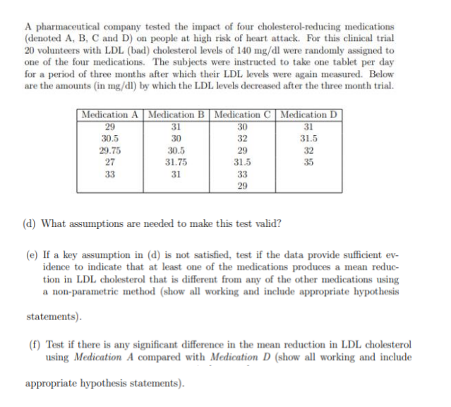 A pharmaceutical company tested the impact of four cholesterol-reducing medications
(denoted A, B, C and D) on people at high risk of heart attack. For this clinical trial
20 volunteers with LDL (bad) cholesterol levels of 140 mg/dl were randomly assigned to
one of the four medications. The subjects were instructed to take one tablet per day
for a period of three months after which their LDL levels were again measured. Below
are the amounts (in mg/dl) by which the LDL levels decreased after the three month trial.
Medication A Medication B Medication C Medication D
29
31
30
31
30.5
30
32
31.5
30.5
32
31.75
35
31
29.75
27
33
29
31.5
33
29
(d) What assumptions are needed to make this test valid?
(e) If a key assumption in (d) is not satisfied, test if the data provide sufficient ev-
idence to indicate that at least one of the medications produces a mean reduc-
tion in LDL cholesterol that is different from any of the other medications using
a non-parametric method (show all working and include appropriate hypothesis
statements).
(f) Test if there is any significant difference in the mean reduction in LDL cholesterol
using Medication A compared with Medication D (show all working and include
appropriate hypothesis statements).