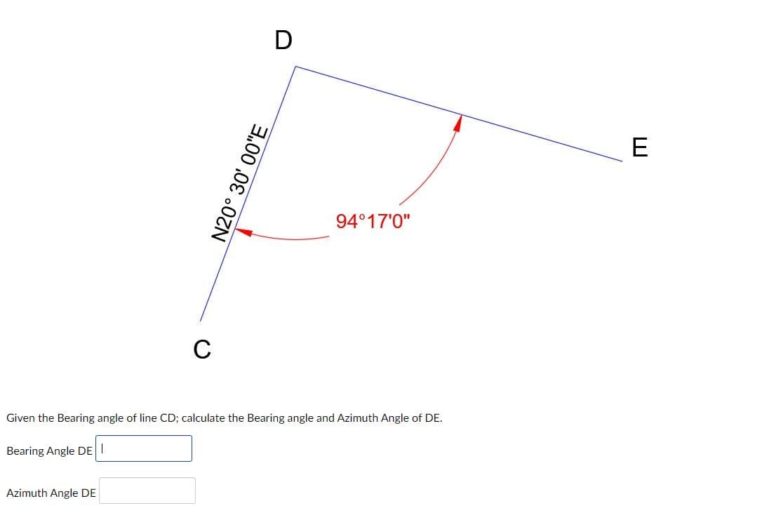 C
Azimuth Angle DE
N20° 30′ 00″E
D
94°17'0"
Given the Bearing angle of line CD; calculate the Bearing angle and Azimuth Angle of DE.
Bearing Angle DE |
E