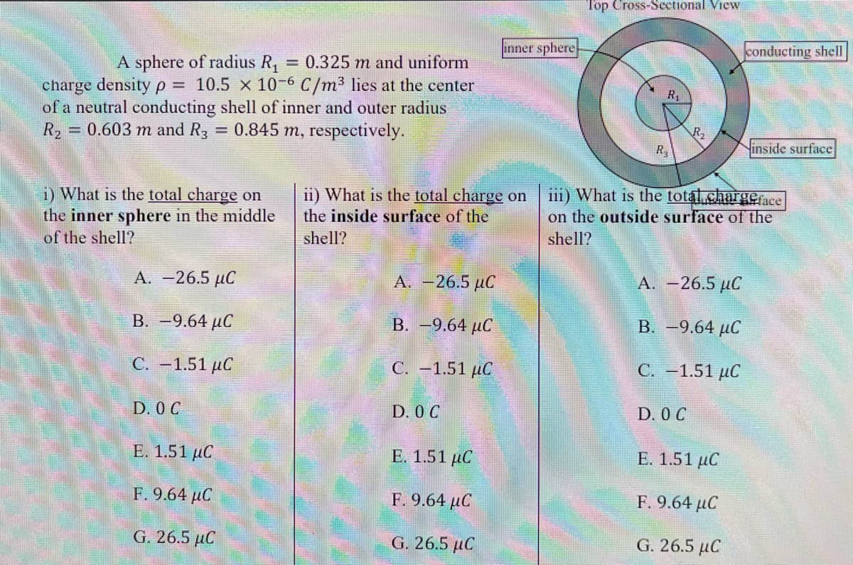 Top Cross-Sectional View
inner sphere
conducting shell
A sphere of radius R,
= 0.325 m and uniform
charge density p = 10.5 x 10- C/m³ lies at the center
of a neutral conducting shell of inner and outer radius
= 0.603 m and R3 = 0.845 m, respectively.
R1
R2
R2
Yinside surface
i) What is the total charge on
the inner sphere in the middle
of the shell?
ii) What is the total charge on
ii1) What is the total chargerace
on the outside surface of the
the inside surface of the
shell?
shell?
A. -26.5 µC
A. -26.5 µC
A. -26.5 µC
B. -9.64 µC
B. -9.64 µC
B. -9.64 µC
C. -1.51 µC
C. -1.51 µC
C. -1.51 µC
D. O C
D. O C
D. 0 C
E. 1.51 μC
E. 1.51 µC
E. 1.51 µC
F. 9.64 µC
F. 9.64 µC
F. 9.64 µC
G. 26.5 µC
G. 26.5 µC
G. 26.5 µC
