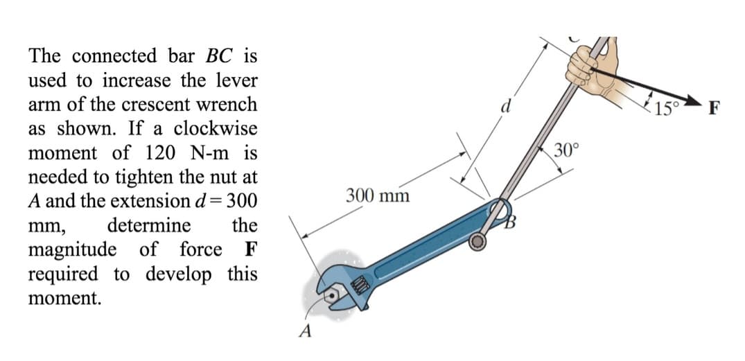 The connected bar BC is
used to increase the lever
arm of the crescent wrench
as shown. If a clockwise
moment of 120 N-m is
needed to tighten the nut at
A and the extension d = 300
mm,
determine
magnitude of force F
required to develop this
the
moment.
A
300 mm
30°
15⁰°
F