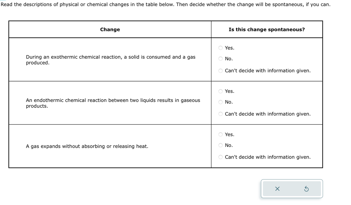 Read the descriptions of physical or chemical changes in the table below. Then decide whether the change will be spontaneous, if you can.
Change
During an exothermic chemical reaction, a solid is consumed and a gas
produced.
An endothermic chemical reaction between two liquids results in gaseous
products.
A gas expands without absorbing or releasing heat.
ооо
OOO
Is this change spontaneous?
Yes.
No.
Can't decide with information given.
Yes.
No.
Can't decide with information given.
Yes.
No.
Can't decide with information given.
X
5