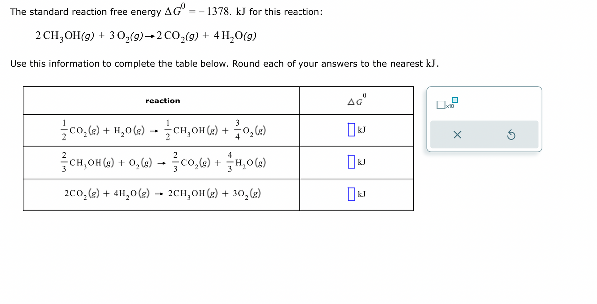 AGO
2 CH3OH(g) + 3 O₂(g) →2 CO₂(g) + 4H₂O(g)
Use this information to complete the table below. Round each of your answers to the nearest kJ.
The standard reaction free energy
reaction
3
²-CH₂OH(g) + O₂(g)
+ O₂(g)
3
2CO₂(g) + 4H₂O(g)
1
3
CO₂ (8)
₂(g) + H₂O(g) → — CH₂OH(g) +
→
==
- 1378. kJ for this reaction:
3
CO₂(g) +
4
3
O₂(g)
H₂O(g)
2
2CH₂OH(g) + 30₂ (g)
AGⓇ
☐kJ
KJ
KJ
x10
X
S