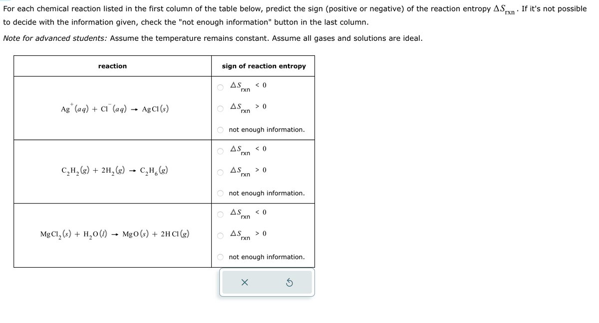 For each chemical reaction listed in the first column of the table below, predict the sign (positive or negative) of the reaction entropy ASxn. If it's not possible
to decide with the information given, check the "not enough information" button in the last column.
Note for advanced students: Assume the temperature remains constant. Assume all gases and solutions are ideal.
reaction
+
Ag (aq) + Cl (aq)
Ag Cl (s)
C₂H₂(g) + 2H₂(g) → C₂H₂(g)
6
MgCl₂ (s) + H₂O(1) MgO (s) + 2H C1 (g)
sign of reaction entropy
AS < 0
rxn
AS > 0
rxn
not enough information.
AS < 0
rxn
AS > 0
rxn
not enough information.
AS < 0
rxn
AS
rxn
> 0
not enough information.
X