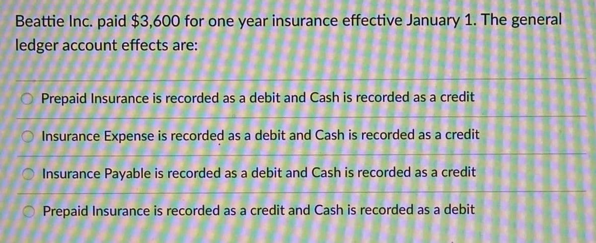 Beattie Inc. paid $3,600 for one year insurance effective January 1. The general
ledger account effects are:
Prepaid Insurance is recorded as a debit and Cash is recorded as a credit
Insurance Expense is recorded as a debit and Cash is recorded as a credit
Insurance Payable is recorded as a debit and Cash is recorded as a credit
Prepaid Insurance is recorded as a credit and Cash is recorded as a debit