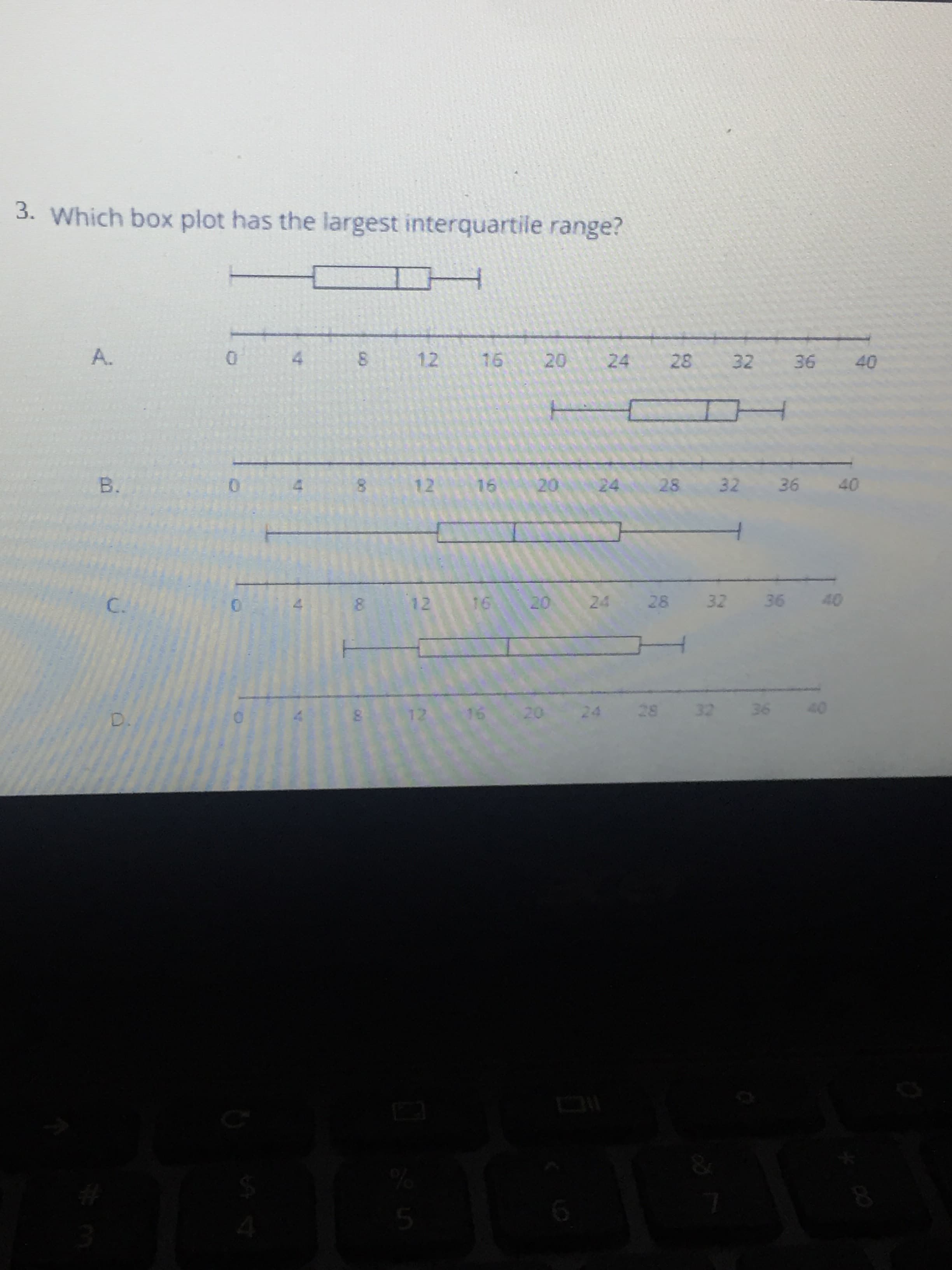 3. Which box plot has the largest interquartile range?
