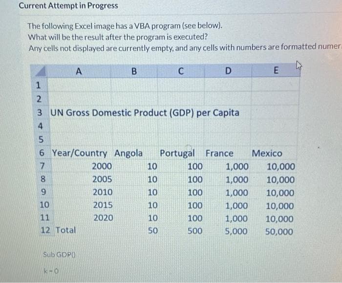 Current Attempt in Progress
The following Excel image has a VBA program (see below).
What will be the result after the program is executed?
Any cells not displayed are currently empty, and any cells with numbers are formatted numer.
A
C
D
3 UN Gross Domestic Product (GDP) per Capita
4.
6 Year/Country Angola
Portugal France
Мехico
2000
10
100
1,000
10,000
8.
2005
10
100
1,000
10,000
9.
2010
10
100
1,000
10,000
10
2015
10
100
1,000
10,000
11
2020
10
100
1,000
10,000
12 Total
50
500
5,000
50,000
Sub GDP)
k-0
