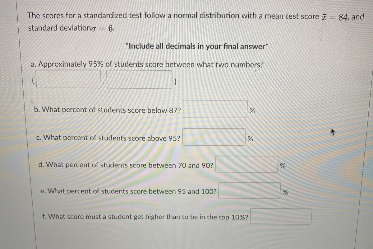 The scores for a standardized test follow a normal distribution with a mean test score 7 = 84, and
standard deviationo = 6.
*Include all decimals in your final answer*
a. Approximately 95% of students score between what two numbers?
b. What percent of students score below 87?
c. What percent of students score above 95?
d. What percent of students score between 70 and 90?
e. What percent of students score between 95 and 10O?
f. What score must a student get higher than to be in the top 10%?
96
