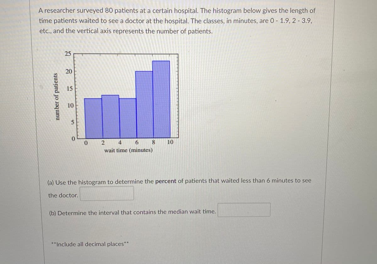 A researcher surveyed 80 patients at a certain hospital. The histogram below gives the length of
time patients waited to see a doctor at the hospital. The classes, in minutes, are 0 - 1.9, 2 - 3.9,
etc., and the vertical axis represents the number of patients.
25
20
15
10
2
4
8.
10
wait time (minutes)
(a) Use the histogram to determine the percent of patients that waited less than 6 minutes to see
the doctor.
(b) Determine the interval that contains the median wait time.
**Include all decimal places**
number of patients
