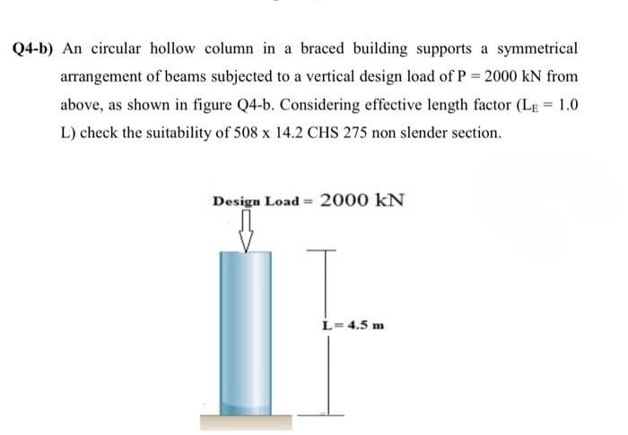 Q4-b) An circular hollow column in a braced building supports a symmetrical
arrangement of beams subjected to a vertical design load of P = 2000 kN from
above, as shown in figure Q4-b. Considering effective length factor (LE = 1.0
L) check the suitability of 508 x 14.2 CHS 275 non slender section.
Design Load = 2000 KN
L= 4.5 m