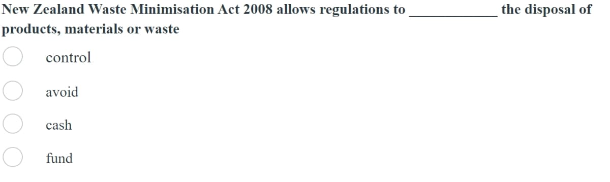 New Zealand Waste Minimisation Act 2008 allows regulations to
products, materials or waste
control
avoid
cash
fund
the disposal of