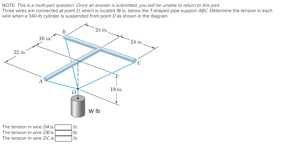 NOTE: This is a multi-part question. Once an answer is submitted, you will be unable to return to this part.
Three wires are connected at point D, which is located 18 in. below the T-shaped pipe support ABC. Determine the tension in each
wire when a 340-lb cylinder is suspended from point Das shown in the diagram.
24 in.
B
16 in.
24 in.
22 in.
C
18 in.
D
W Ib
The tension in wire DA is
The tension in wire DB is
The tension in wire DC is
Ib.
Ib.
Ib.
