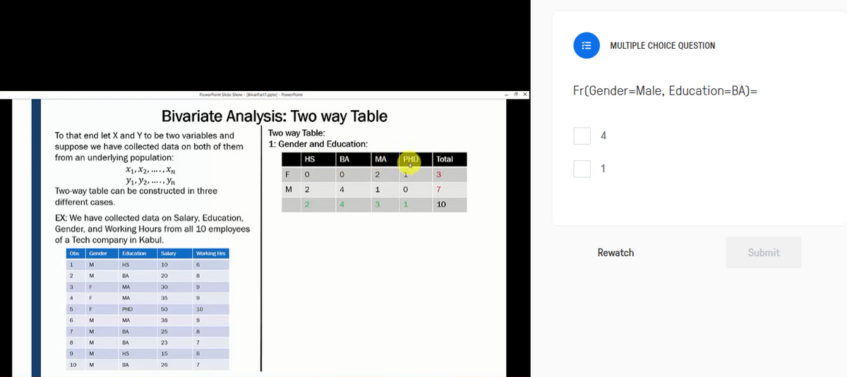 To that end let X and Y to be two variables and
suppose we have collected data on both of them
from an underlying population:
X1, X2, Xn
V₁, V2, ... Yn
Two-way table can be constructed in three
different cases.
2
3
EX: We have collected data on Salary, Education,
Gender, and Working Hours from all 10 employees
of a Tech company in Kabul.
Obs Gender Education Salary
1
4
5
6
7
8
9
10
M
M
F
F
F
M
M
M
M
M
HS
BA
MA
MA
Bivariate Analysis: Two way Table
Two way Table:
1: Gender and Education:
HS
BA
0
4
4
PHD
MA
BA
BA
HS
BA
PowerPoint Slide Show - (BivarPart1.pptx) PowerPoint
10
20
30
35
50
38
25
23
15
26
Working Hrs
6
8
9
9
10
9
8
7
6
7
F 0
M2
2
MA
2
1
3
PHD
0
1
Total
3
7
10
Fr(Gender Male, Education=BA)=
4
MULTIPLE CHOICE QUESTION
1
Rewatch
Submit