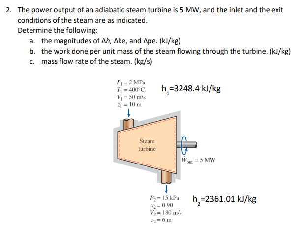 2. The power output of an adiabatic steam turbine is 5 MW, and the inlet and the exit
conditions of the steam are as indicated.
Determine the following:
a. the magnitudes of Ah, Ake, and Ape. (kJ/kg)
b. the work done per unit mass of the steam flowing through the turbine. (kJ/kg)
c. mass flow rate of the steam. (kg/s)
P, = 2 MPa
T = 400°C
Vi = 50 m/s
21 = 10 m
h,=3248.4 kJ/kg
Steam
turbine
Wout = 5 MW
P2= 15 kPa
X2 = 0.90
V2 = 180 m/s
72 = 6 m
h,=2361.01 kJ/kg
