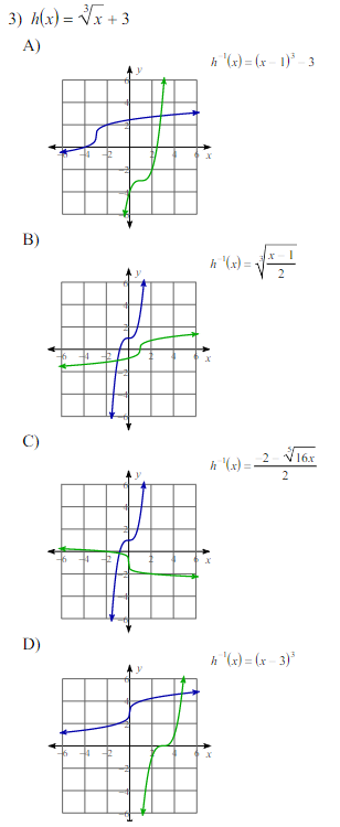 3) h(x) = Vx + 3
A)
h (x) = (x - 1)' - 3
B)
h "(x) =
C)
16x
2
h (x) = -
2
D)
h "(x) = (x - 3)*
