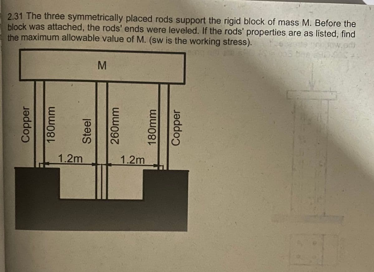 2.31 The three symmetrically placed rods support the rigid block of mass M. Before the
block was attached, the rods' ends were leveled. If the rods' properties are as listed, find
the maximum allowable value of M. (sw is the working stress).
ow.
1.2m
1.2m
260mm
180mm
Copper
