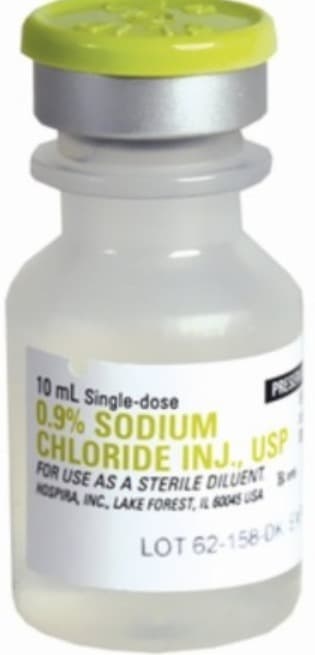 10 mL Single-dose
0.9% SODIUM
PRESS
CHLORIDE INJ., USP
FOR USE AS A STERILE DILUENT
HOSPIRA, INC, LAKE FOREST, IL 60045 USA
LOT 62-158-DK