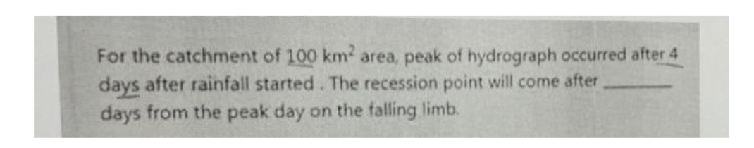 For the catchment of 100 km2 area, peak of hydrograph occurred after 4
days after rainfall started. The recession point will come after
days from the peak day on the falling limb.
