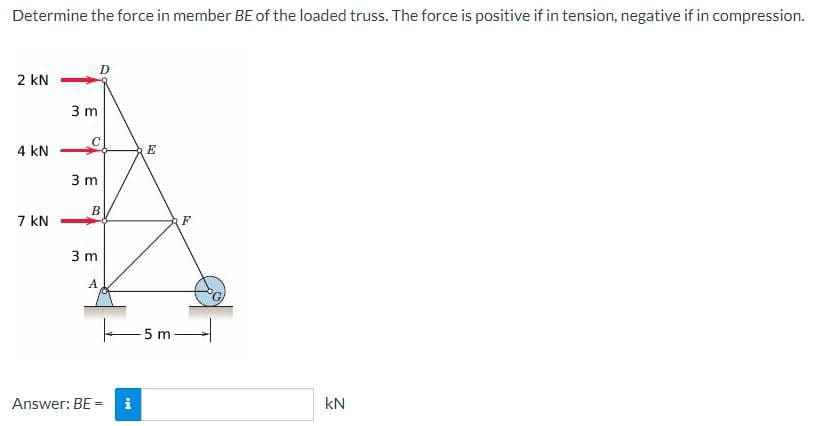 Determine the force in member BE of the loaded truss. The force is positive if in tension, negative if in compression.
2 kN
3 m
4 kN
E
3 m
B
7 kN
3 m
A
5 m
Answer: BE =
i
kN
%3D
