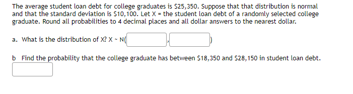 The average student loan debt for college graduates is $25,350. Suppose that that distribution is normal
and that the standard deviation is $10,100. Let X = the student loan debt of a randomly selected college
graduate. Round all probabilities to 4 decimal places and all dollar answers to the nearest dollar.
a. What is the distribution of X? X ~ N(
b Find the probability that the college graduate has between $18,350 and $28,150 in student loan debt.