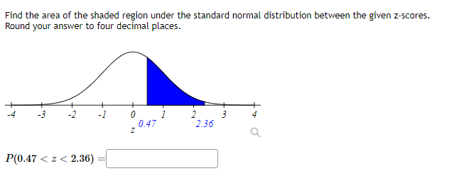 Find the area of the shaded region under the standard normal distribution between the given z-scores.
Round your answer to four decimal places.
P(0.47 << 2.36)
Z
0.47
1
2
2.36