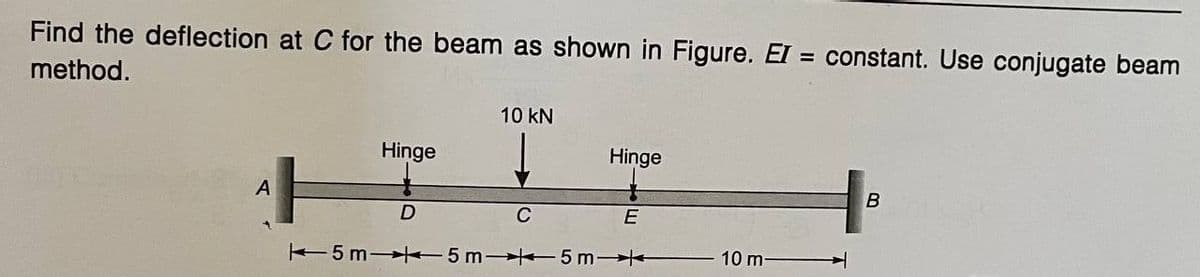 Find the deflection at C for the beam as shown in Figure. EI = constant. Use conjugate beam
method.
10 kN
Hinge
Hinge
А
D
5m 5 m 5 m
10 m-
C.
