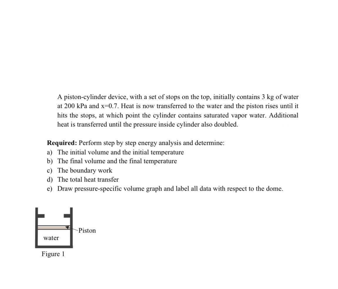 A piston-cylinder device, with a set of stops on the top, initially contains 3 kg of water
at 200 kPa and x=0.7. Heat is now transferred to the water and the piston rises until it
hits the stops, at which point the cylinder contains saturated vapor water. Additional
heat is transferred until the pressure inside cylinder also doubled.
Required: Perform step by step energy analysis and determine:
a) The initial volume and the initial temperature
b) The final volume and the final temperature
c) The boundary work
d) The total heat transfer
e) Draw pressure-specific volume graph and label all data with respect to the dome.
Piston
water
Figure 1
