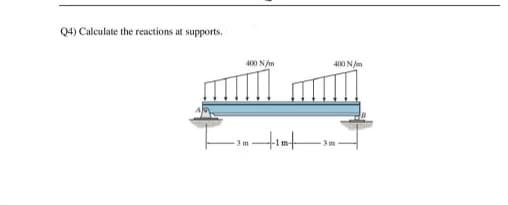 Q4) Calculate the reactions at supports.
400 N/m
400 N/m
3 m
