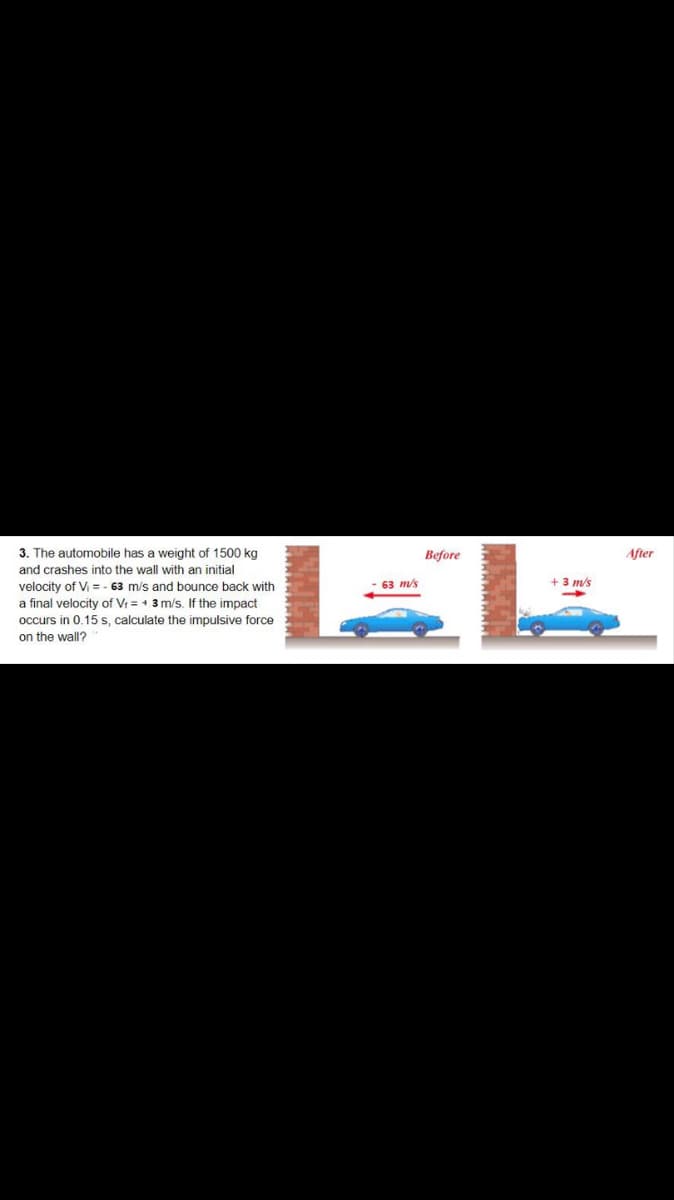 3. The automobile has a weight of 1500 kg
Before
After
and crashes into the wall with an initial
+ 3 m/s
velocity of Vi = - 63 m/s and bounce back with
a final velocity of V = + 3 m/s. If the impact
63 m/s
occurs in 0.15 s, calculate the impulsive force
on the wall?
