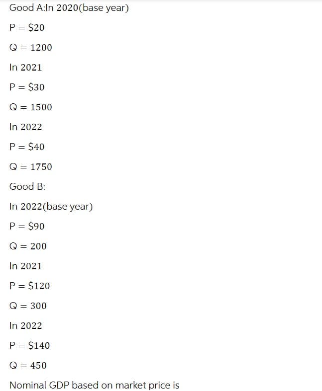 Good A:In 2020 (base year)
P = $20
Q = 1200
In 2021
P = $30
Q = 1500
In 2022
P = $40
Q = 1750
Good B:
In 2022(base year)
P = $90
Q = 200
In 2021
P = $120
Q = 300
In 2022
P = $140
Q = 450
Nominal GDP based on market price is