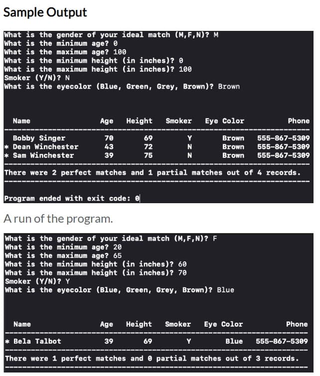 Sample Output
What is the gender of your ideal match (M,F,N)? M
What is the minimum age? 0
What is the maximum age? 100
What is the minimum
height (in inches)? 0
What is the maximum height (in inches)? 100
Smoker (Y/N)? N
What is the eyecolor (Blue, Green, Grey, Brown)? Brown
Name
Bobby Singer
*Dean Winchester
*Sam Winchester
Age Height Smoker Eye Color
70
43
39
69 77 75
72
Name
Program ended with exit code: 0
A run of the program.
What is the gender of your ideal match (M,F,N)? F
What is the minimum age? 20
What is the maximum age? 65
Y
N
N
There were 2 perfect matches and 1 partial matches out of 4 records.
Height
What is the minimum height (in inches)? 60
What is the maximum height (in inches)? 70
Smoker (Y/N)? Y
What is the eyecolor (Blue, Green, Grey, Brown)? Blue
Brown
Brown
69
555-867-5309
555-867-5309
Brown 555-867-5309
Age
*Bela Talbot
39
There were 1 perfect matches and partial matches out of 3 records.
Phone
Smoker Eye Color
Blue
Y
Phone
===
555-867-5309