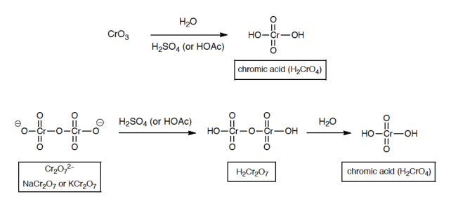 H20
Cro3
но-С—он
H2SO, (or HOAC)
chromic acid (H,CrO4)
H2SO4 (or HOAC)
H20
но-
HO-Cr-OH
Cr20,2-
chromic acid (H2CrO4)
NaCr,O7 or KCT2O,
o=0=0
