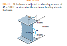 FII-11. If the beam is subjected to a bending moment of
M = 50 kN - m, determine the maximum bending stress in
the beam.
200
20 mm
з00 mm
м
2) mm
20 mm
