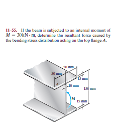 I1-55. If the beam is subjected to an internal moment of
M - 30KN - m, determine the resultant force caused by
the bending stress distribution acting on the top flange A.
s0 mm
Is mm
a0 mm
1só mm
15 mm
