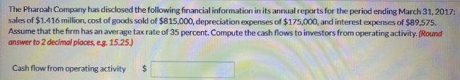 The Pharoah Company has disclosed the following financial information in its annual reports for the period ending March 31, 2017:
sales of $1.416 million, cost of goods sold of $815,000, depreciation expenses of $175,000, and interest expenses of $89,575.
Assume that the firm has an average tax rate of 35 percent. Compute the cash flows to investors from operating activity. (Round
answer to 2 decimal places, eg. 15.25.)
Cash flow from operating activity
24
