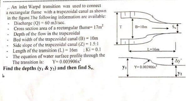 - An inlet Warpd transition was used to connect
a rectangular flume with a trapezoidal canal as shown
in the figure.The following information are available:
- Discharge (Q) = 60 m3/sec.
- Cross section area of a rectangular flume 17m
Depth of the flow in the trapezoidal
Bed width of the trapezoidal canal (B) 10m
Side slope of the trapezoidal canal (Z) = 1.5:1
Length of the transition (L) = 16m : Ki = 0.1
The equation of water surface profile through the
The transition is: Y= 0.003906x
Find the depths (y, & y:) and then find Sw.
T
B=10m
L=16m
Ay
Y= 0.003906x
