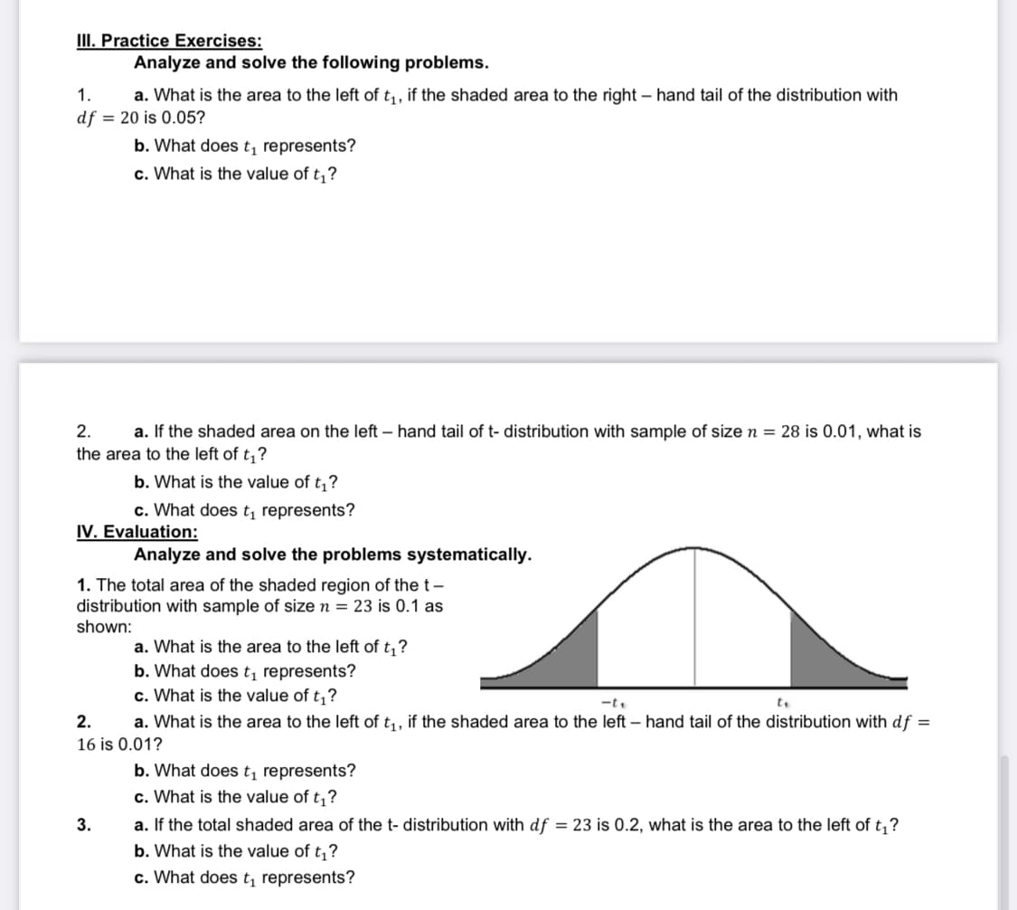 III. Practice Exercises:
Analyze and solve the following problems.
1. a. What is the area to the left of t₁, if the shaded area to the right-hand tail of the distribution with
df = 20 is 0.05?
b. What does t₁ represents?
c. What is the value of t₁?
2.
a. If the shaded area on the left hand tail of t- distribution with sample of size n = 28 is 0.01, what is
the area to the left of t₁?
b. What is the value of t₁?
c. What does t₁ represents?
IV. Evaluation:
Analyze and solve the problems systematically.
1. The total area of the shaded region of the t-
distribution with sample of size n = 23 is 0.1 as
shown:
a. What is the area to the left of t₁?
b. What does t₁ represents?
c. What is the value of t₁?
-t₁
t₁
2. a. What is the area to the left of t₁, if the shaded area to the left-hand tail of the distribution with df =
16 is 0.01?
b. What does t₁ represents?
c. What is the value of t₁?
3.
a. If the total shaded area of the t- distribution with df = 23 is 0.2, what is the area to the left of t₁?
b. What is the value of t₁?
c. What does t₁ represents?