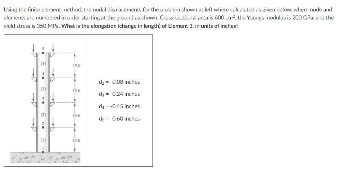 Using the finite element method, the nodal displacements for the problem shown at left where calculated as given below, where node and
elements are numbered in order starting at the ground as shown. Cross-sectional area is 600 cm2, the Youngs modulus is 200 GPa, and the
yield stress is 350 MPa. What is the elongation (change in length) of Element 3, in units of inches?
(4)
15 ft
d2 = -0.08 inches
15 ft
dz = -0.24 inches
d4 = -0.45 inches
(2)
15 ft
ds = -0.60 inches
(1)
15 ft
