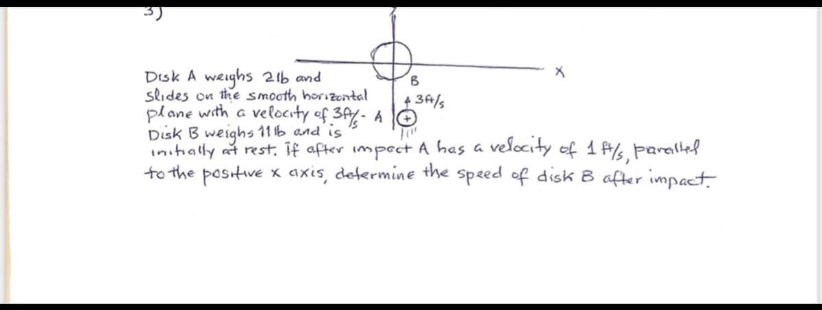 Disk A weighs 21b and
slides on the smooth horizontal
plane with a velocity of 3- A O
Disk B weighs 11 b and is
initially at rest. îf after impact A has a velocity of 1 f% parallel
to the positive x axis, determine the speed of disk B after impact
B
